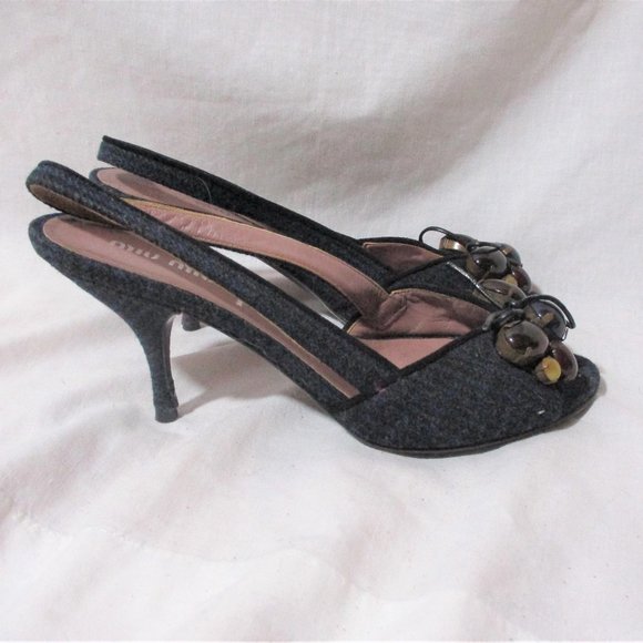 MIU MIU ITALY Stiletto HEEL Sandal Open Toe Shoe BLACK Tweed 36 - Picture 1 of 7